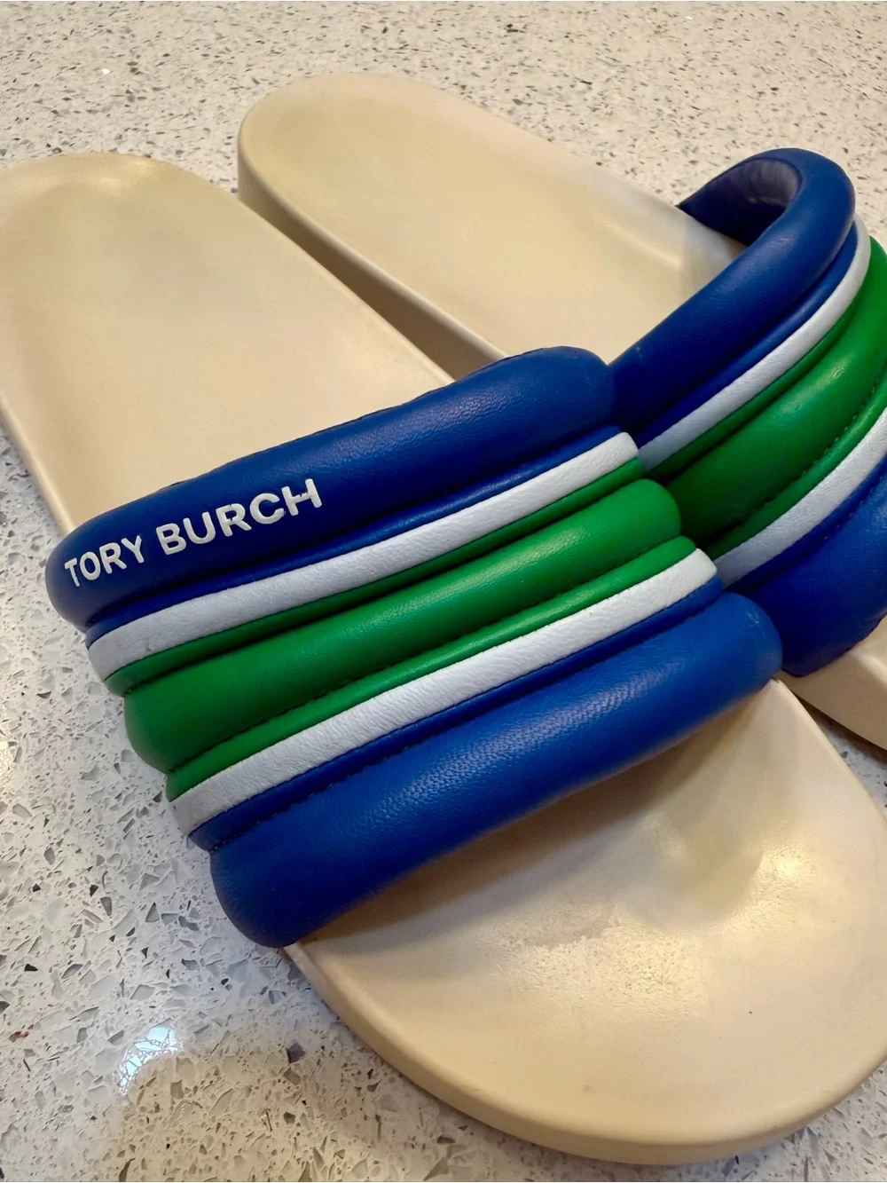 Tory Burch Blue, Green & White Padded Slide Sandals